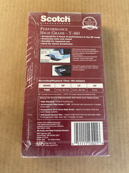 Scotch EG+ High Grade T-160 Blank VHS Videocassette 8-Hours - New - Made in USA