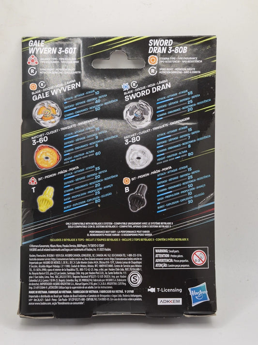 New In Box Beyblade X Dual Pack Set Gale Wyvern 3-60T & Sword Dran 3-80B