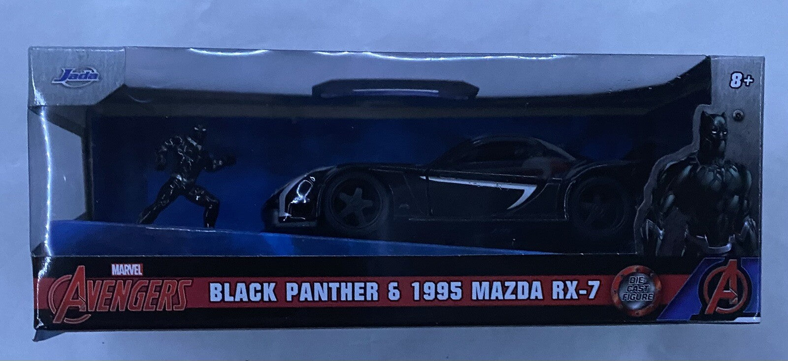 1995 MAZDA RX-7 RHD & BLACK PANTHER FIGURE "THE AVENGERS" 1/32 MODEL JADA 33078