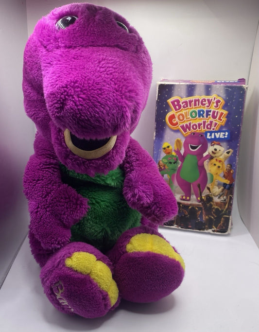 Vintage 1992 Barney 14" Plush W/ Barney’s Colorful World Live VHS TESTED !