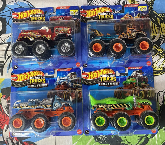 Hot Wheels MT Big rigs Set Of 4: 5 Alarm, Rhinomite, HW tiger Shark, Mega Wrex