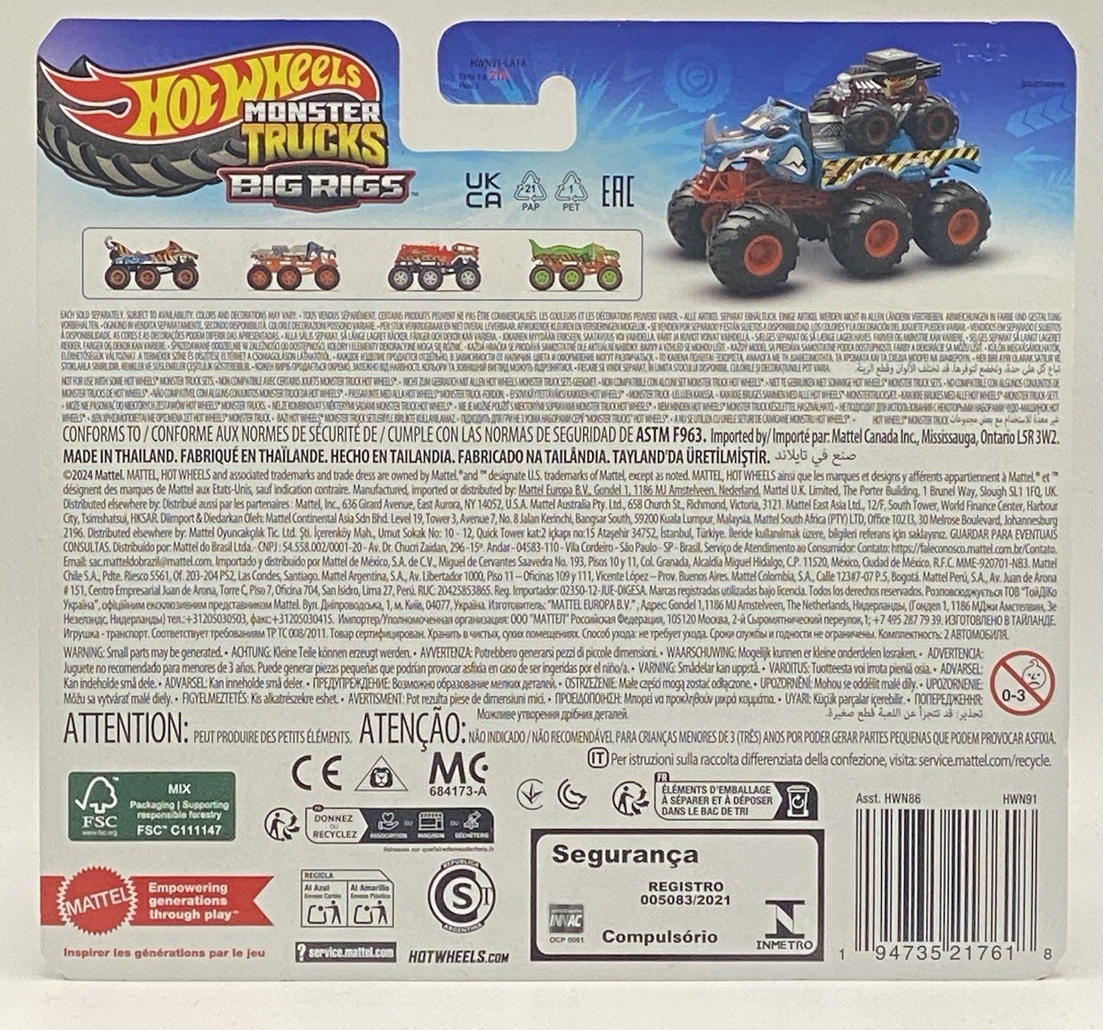 Hot Wheels MT Big rigs Set Of 4: 5 Alarm, Rhinomite, HW tiger Shark, Mega Wrex
