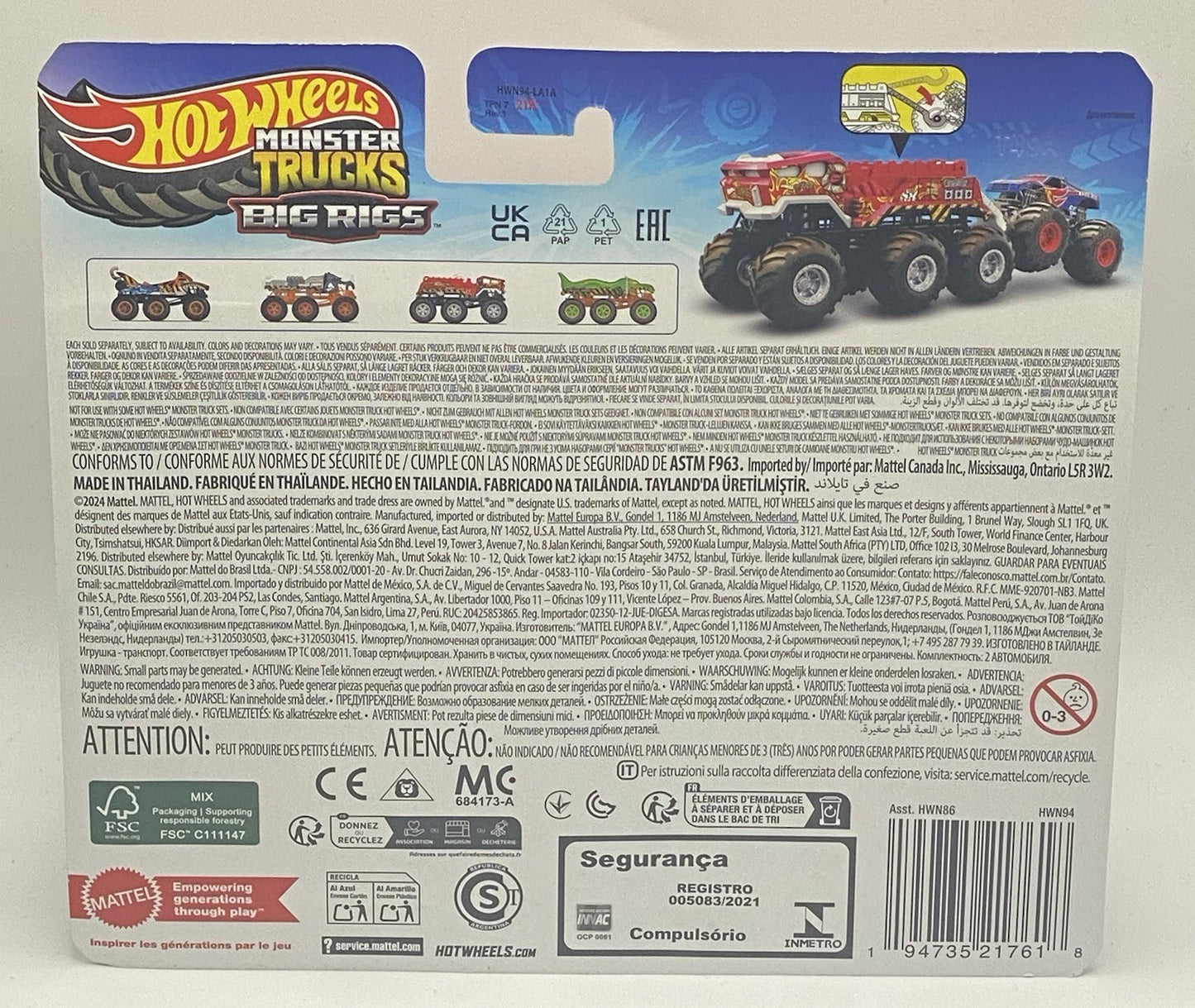 Hot Wheels MT Big rigs Set Of 4: 5 Alarm, Rhinomite, HW tiger Shark, Mega Wrex