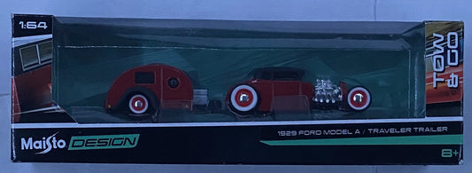 Maisto Die Cast ~ 1929 Ford Model A & Travel Trailer ~ 1:64 Scale