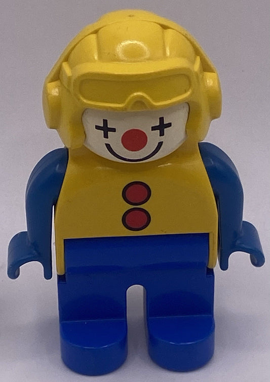 LEGO Duplo Vintage CLOWN Face Print Yellow Aviator Hat Blue Pants Red Buttons