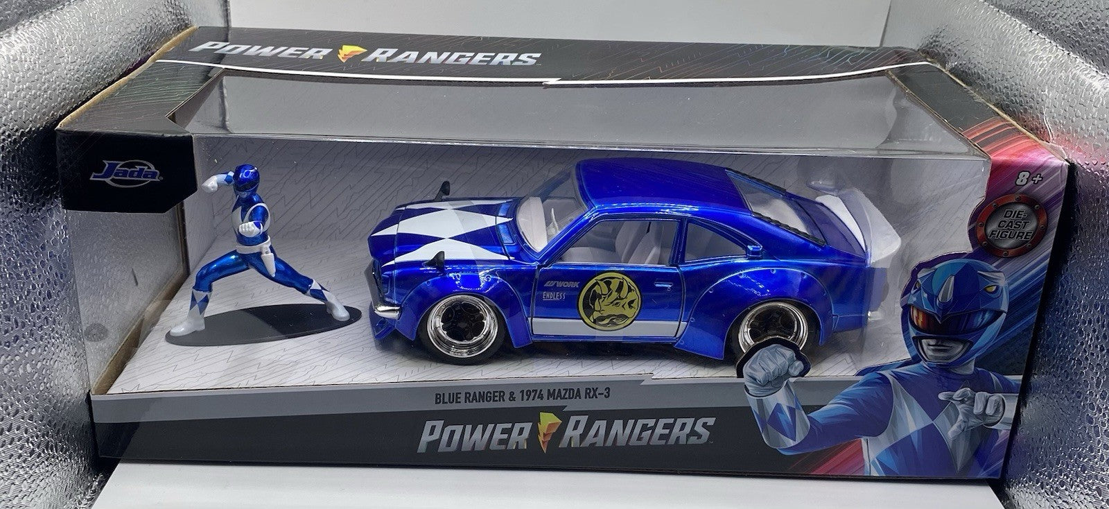 JADA 1974 MAZDA RX-3 & BLUE RANGER FIGURE "POWER RANGERS" 1/24 DIECAST CAR