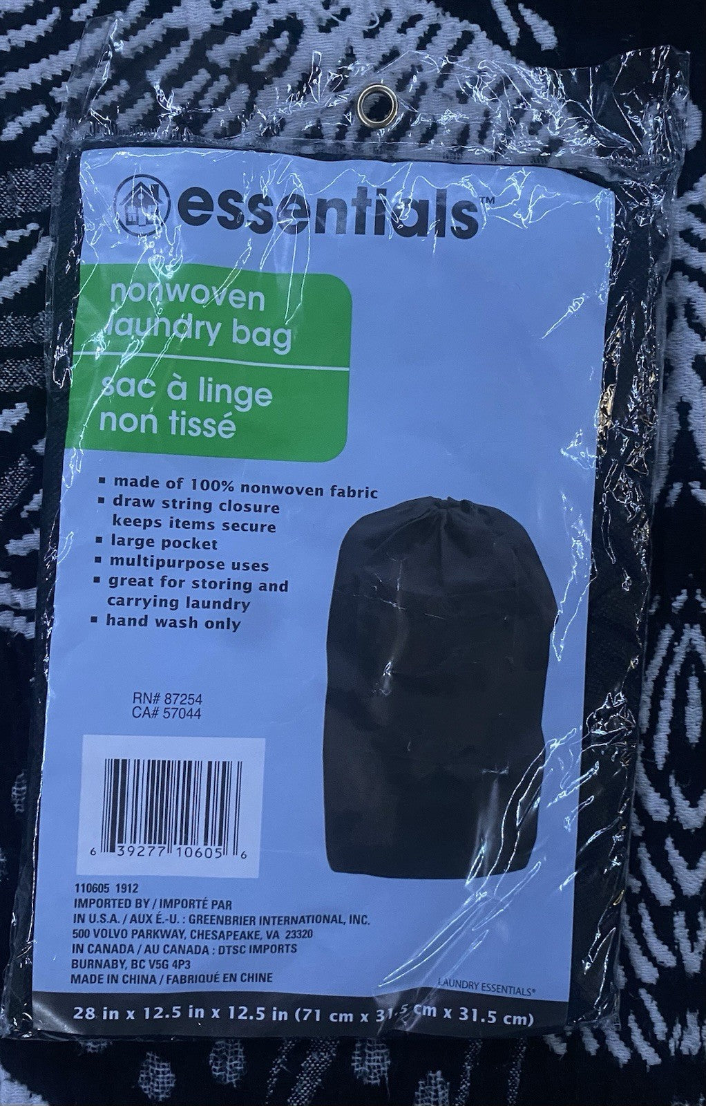 NEW Essentials Drawstring Laundry Bag Sack Drawstring Nonwoven Black - 28 x 12.5