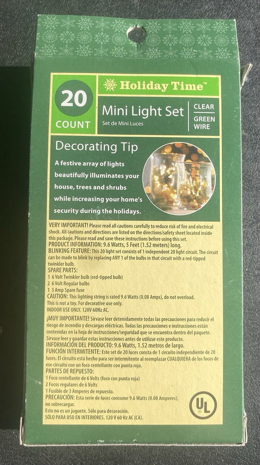 HOLIDAY TIME 20 CLEAR MINI LIGHT SET-GREEN-WIRE