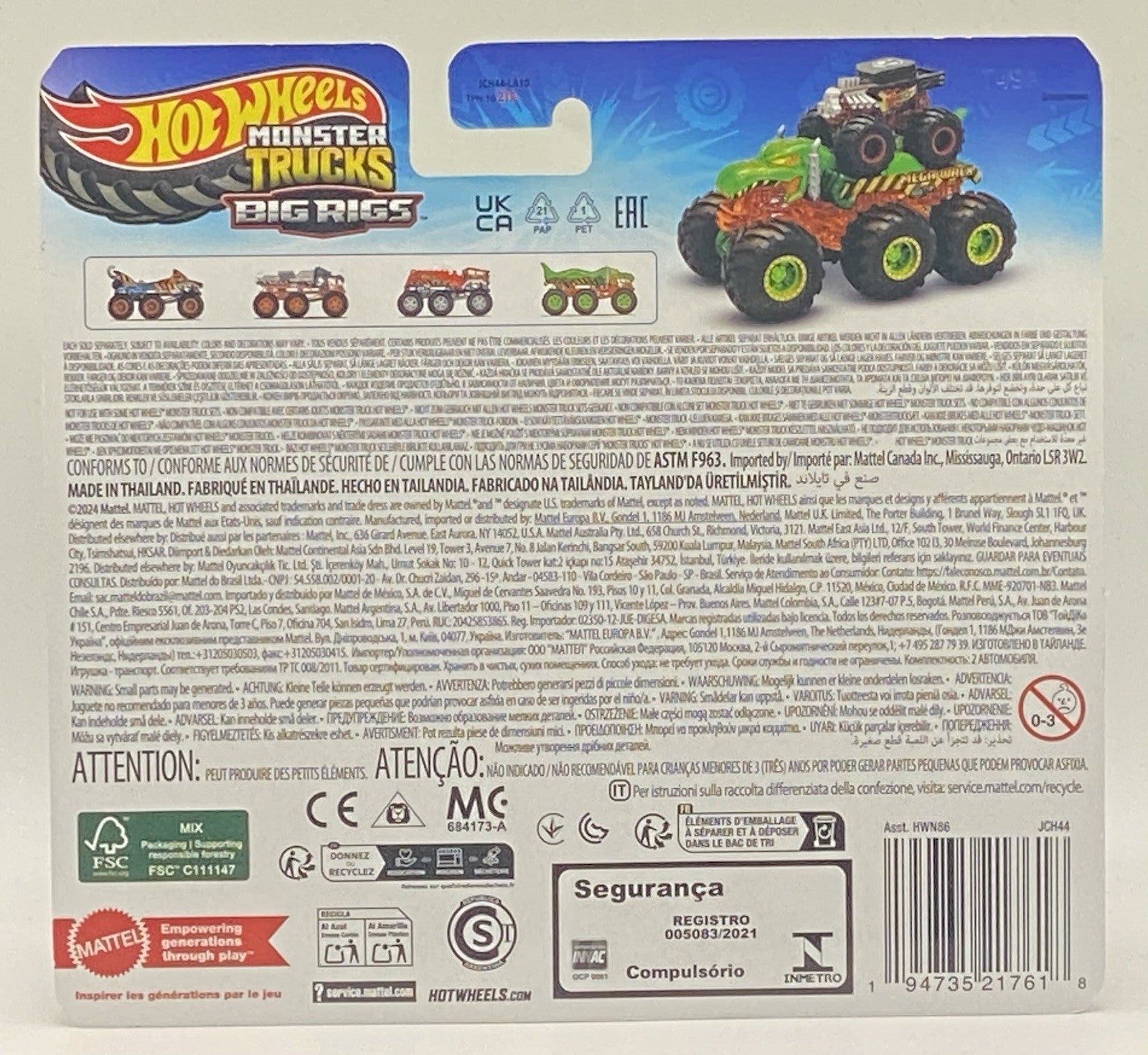 Hot Wheels MT Big rigs Set Of 4: 5 Alarm, Rhinomite, HW tiger Shark, Mega Wrex