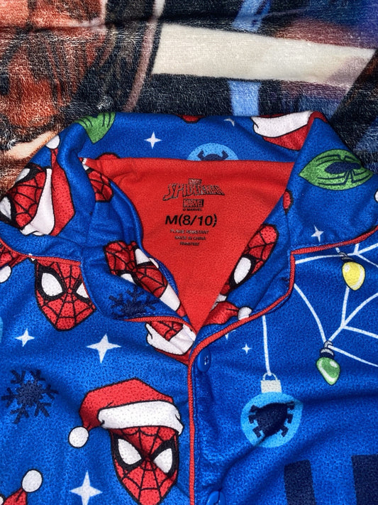 Spiderman Marvel Christmas Pajamas Sleepwear 2 Piece Coat Button up/Pants (8/10)