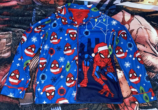 Spiderman Marvel Christmas Pajamas Sleepwear 2 Piece Coat Button up/Pants (8/10)