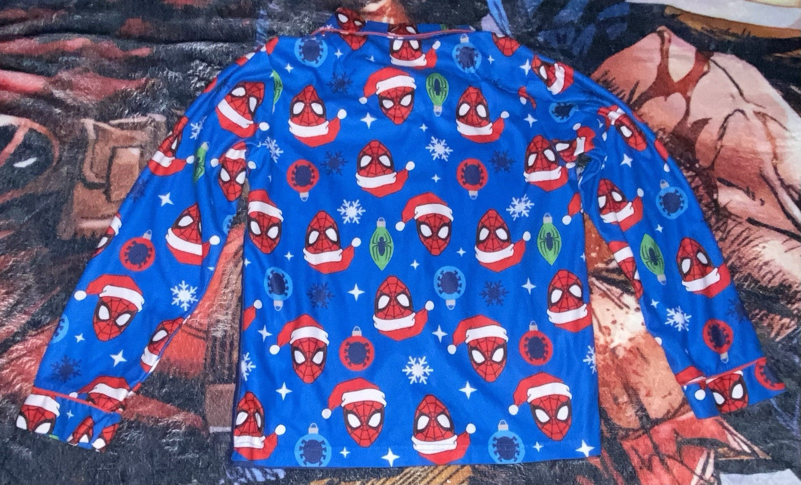 Spiderman Marvel Christmas Pajamas Sleepwear 2 Piece Coat Button up/Pants (8/10)
