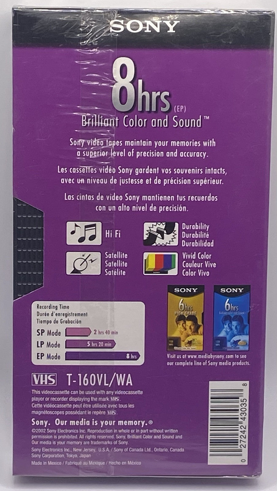Sony T-160VR 8hrs Recordable VHS Video Tape Premium New