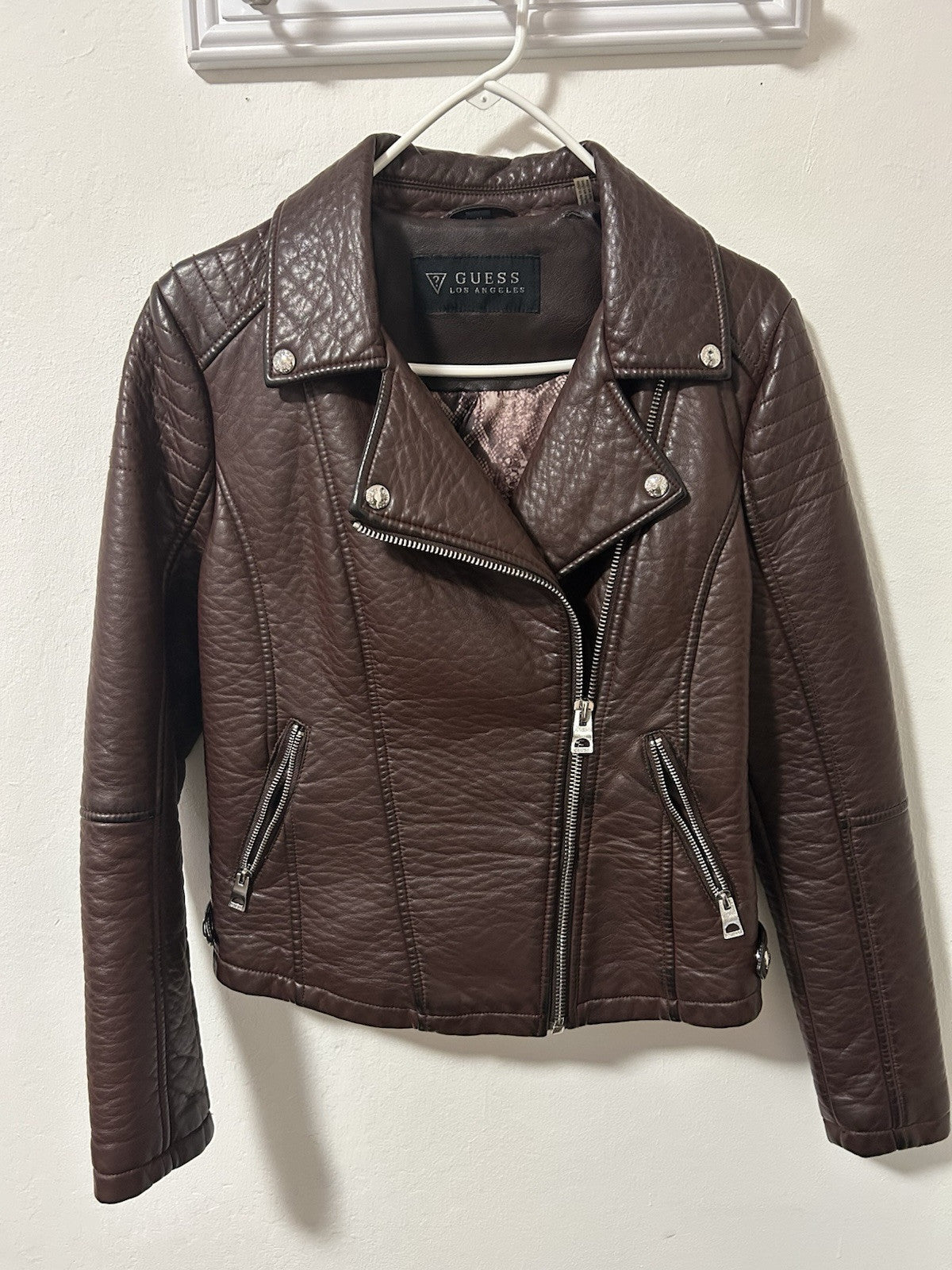 Guess Los Angeles Women’s Moto Jacket Coat Faux Leather Vegan Brown Wine Size M