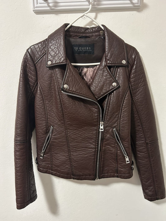 Guess Los Angeles Women’s Moto Jacket Coat Faux Leather Vegan Brown Wine Size M