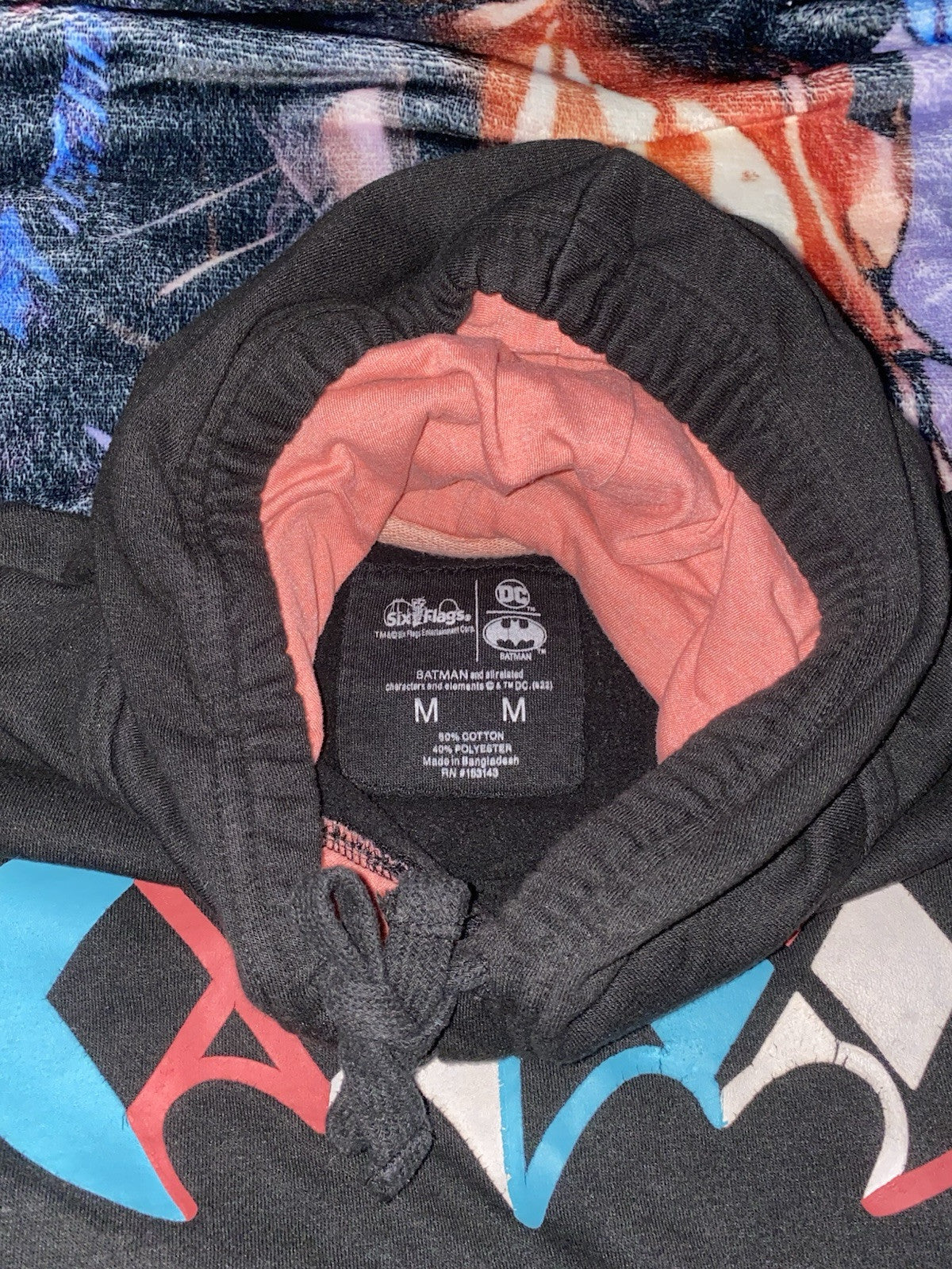 Six Flags DC Batman Harley Quinn Women Black Pink Blue White Logo Hoodie Size: M