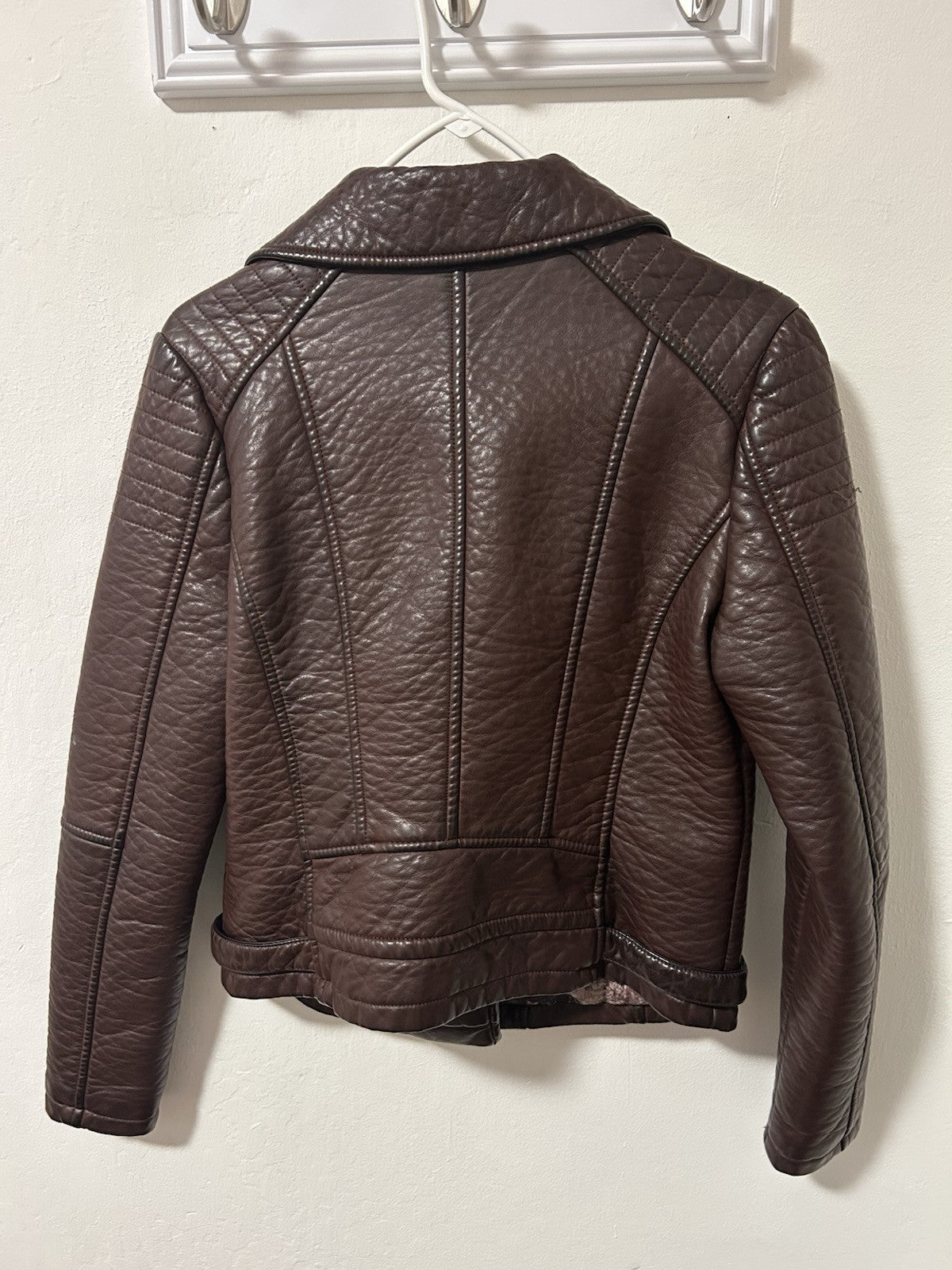 Guess Los Angeles Women’s Moto Jacket Coat Faux Leather Vegan Brown Wine Size M