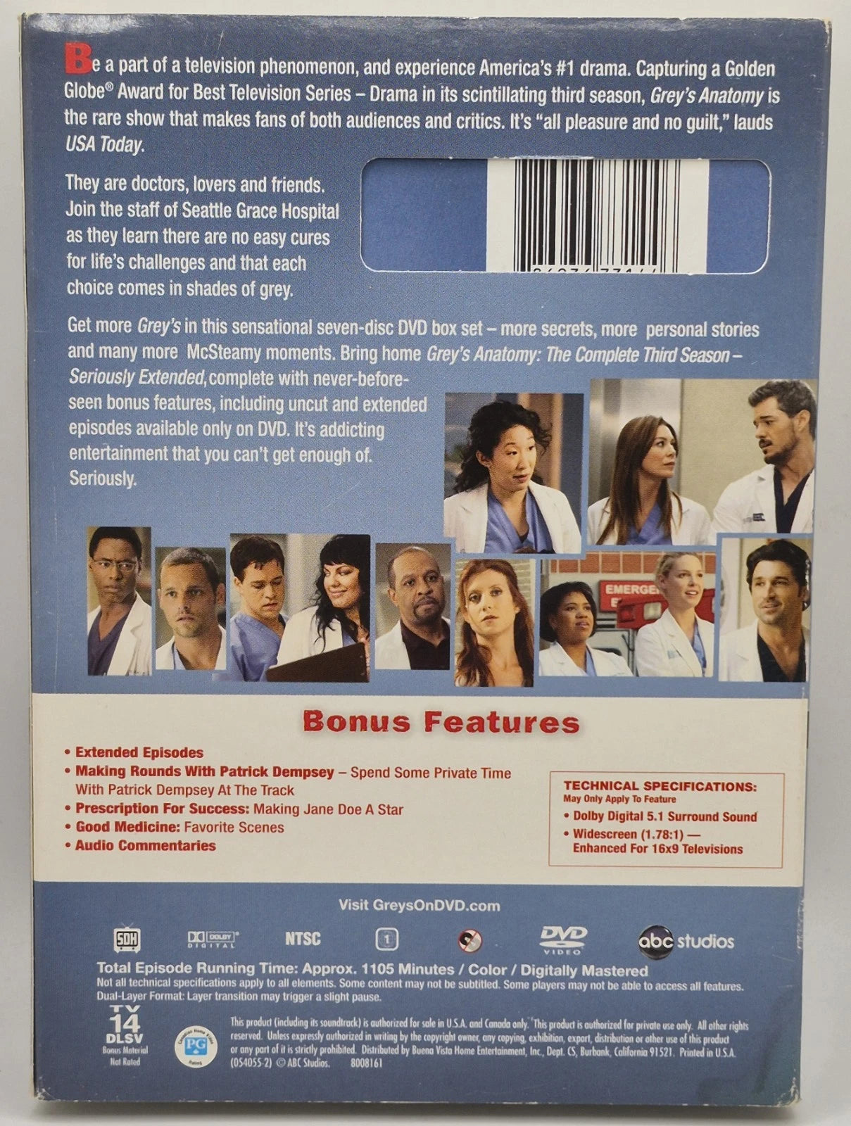 Grey's Anatomy: Season Three (Seriously Extended) (DVD, 2006)(TESTED WORKS)