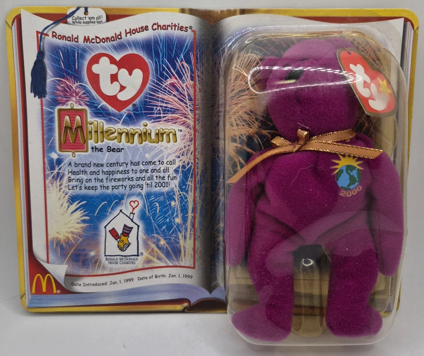 TY Millennium The Bear - Retired Teenie Beanie Babies 2000 - RARE McDonald's Toy